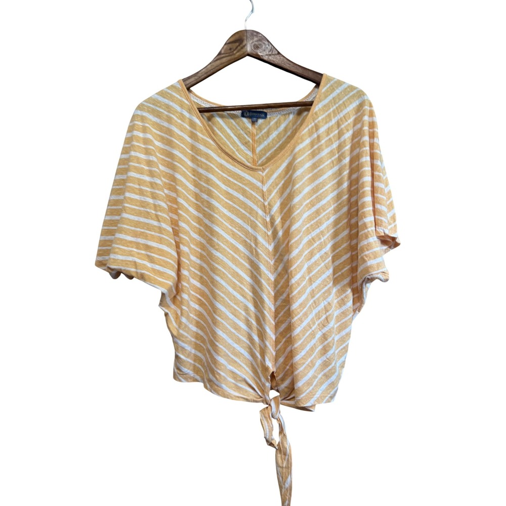 Democracy Striped Tie Front Top‎ Womens Medium Yellow Excellent Dolman V-Neck